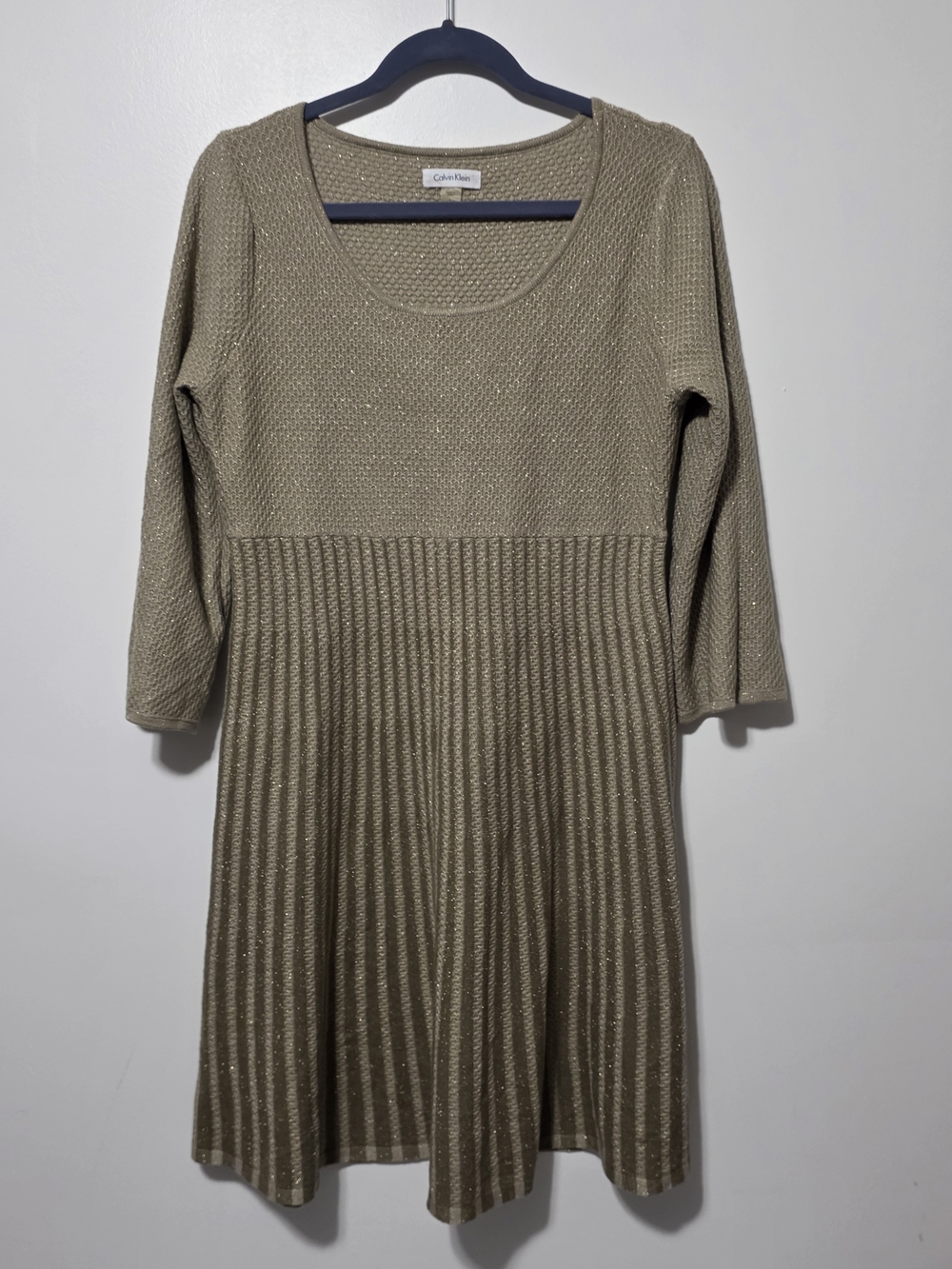 Calvin Klein Metallic Knit Pleated Long-Sleeve Dress in Gold-Taupe